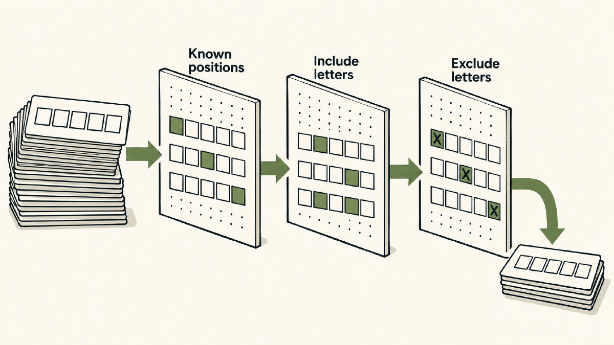 Diagram of word candidates narrowed through known-position, included-letter and excluded-letter filters.