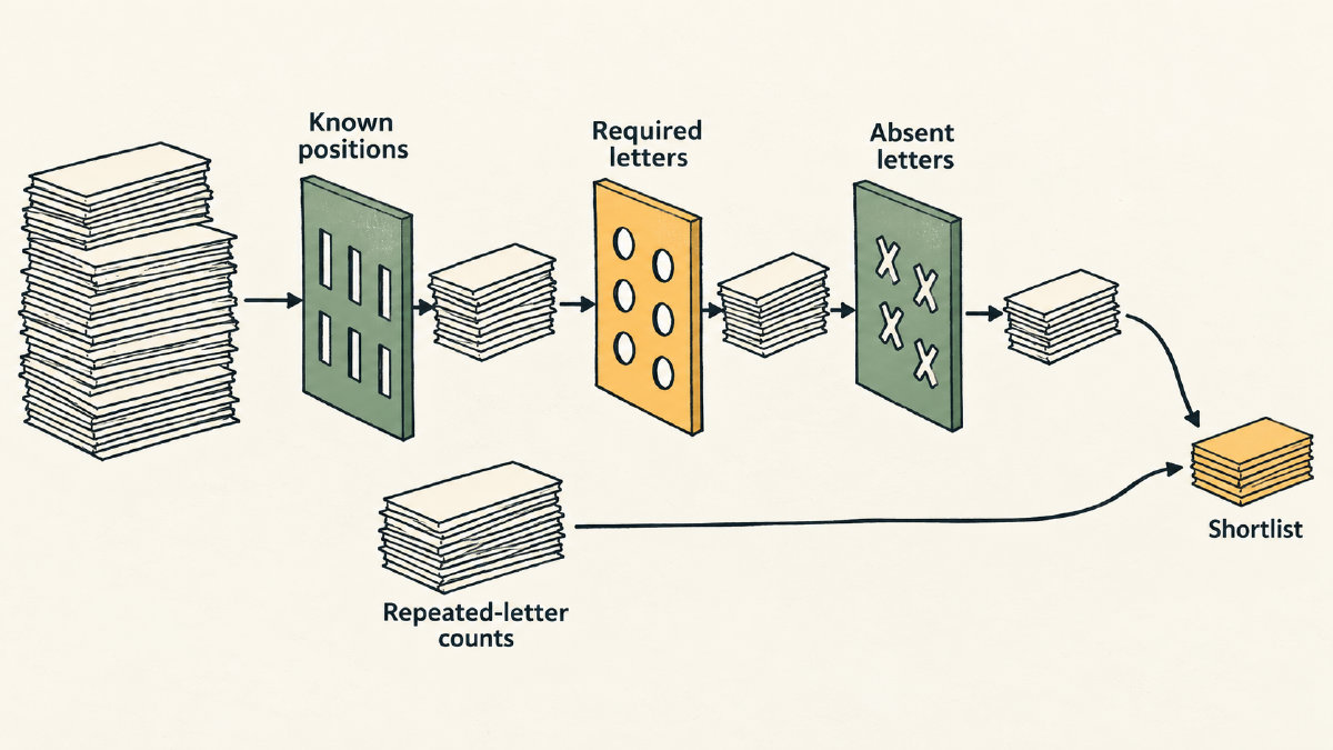 Diagram showing a word shortlist narrowed by positions, required letters, absent letters and repeated-letter counts.